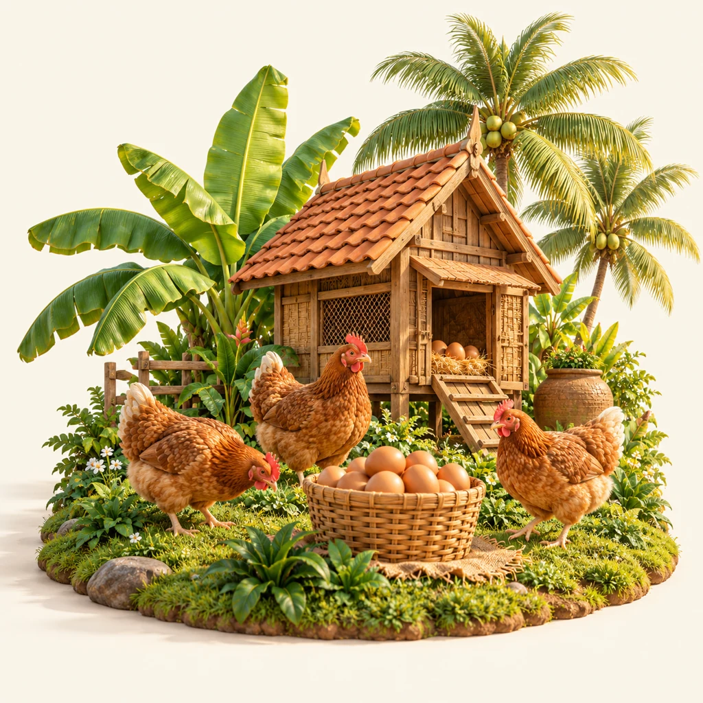 Ilustrasi peternakan tropis dengan ayam, kandang kayu, dan sekeranjang telur