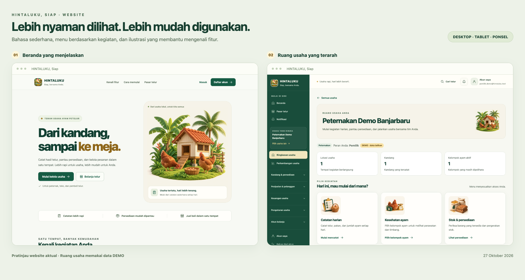 Materi pratinjau desain aplikasi HINTALUKU dengan contoh catatan harian, kesehatan ayam dan persediaan. Data demo.